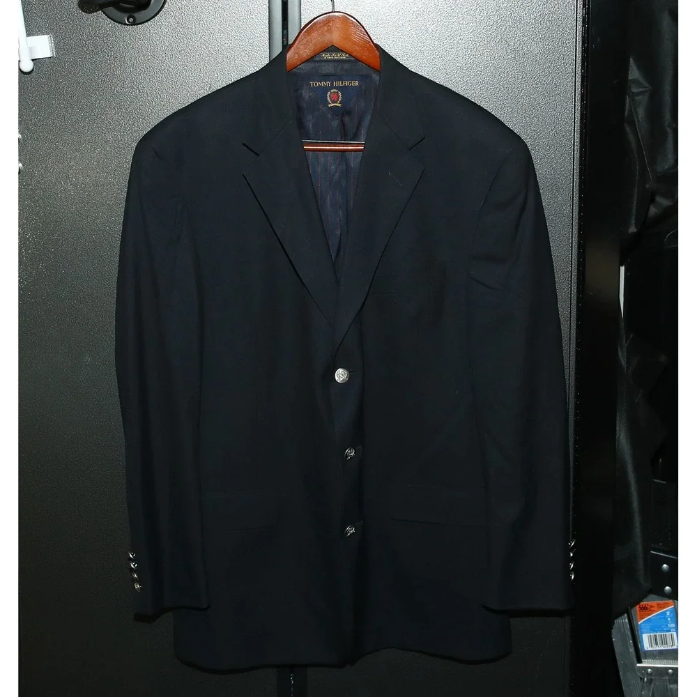 VTG Tommy Hilfiger Black Wool 3-Button Blazer, Men's 46R, Made In USA, Damaged